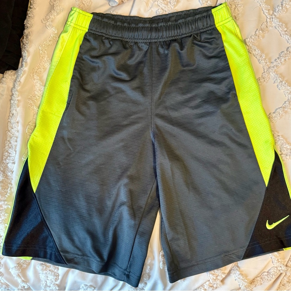 Nike Kids Charcoal and Neon Yellow Athletic Shorts Large